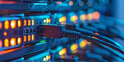Network cables in a data center connect servers with LED lights for fast and efficient data communication photo