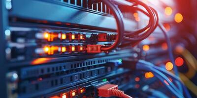 Closeup of Ethernet cables connected to a server with glowing LED lights, representing data connectivity. photo
