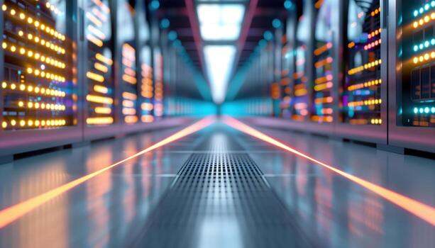 Futuristic Server Room with Modern Data Center Technology and Neon Lighting photo