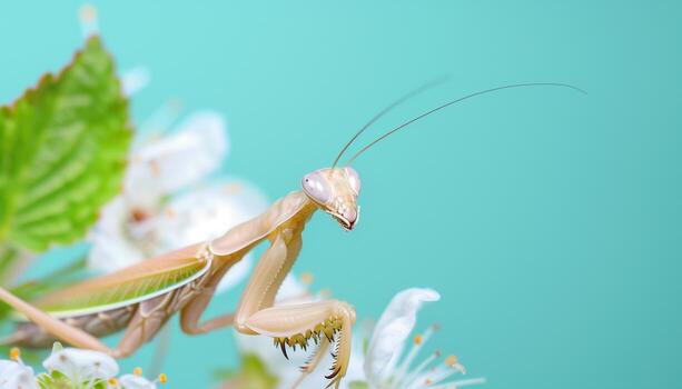 Close-up of a Praying Mantis on a White Flower photo