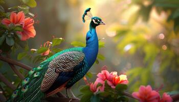Peacock in a Garden of Blooms photo