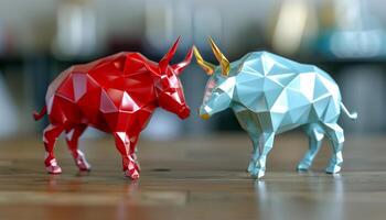 Red and Blue Bull Statues Facing Each Other photo
