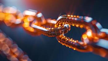 Closeup of High-Technology Metallic Chain Links with Neon Glows on a Dark Background photo