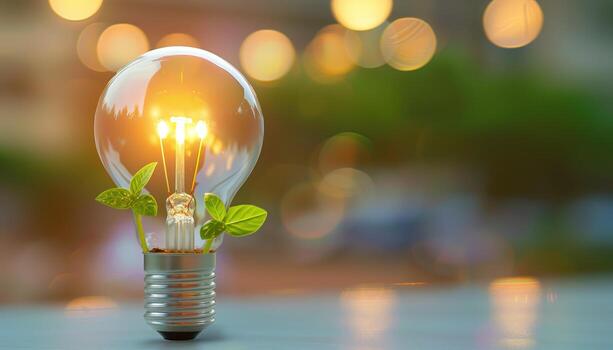 Light Bulb with Growing Plants Inside on a Blurry Background photo