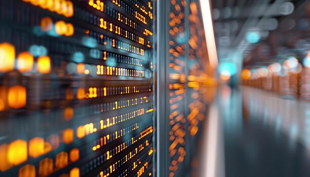 High-Tech Data Center with Digital Information Panels Glowing photo