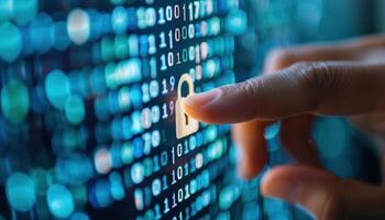 Digital Security Enhancement Finger Touching Virtual Lock Amidst Binary Code photo