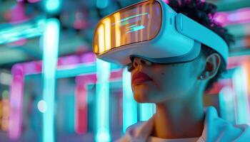 Immersive VR Experience in a Neon Lit Futuristic Setting photo