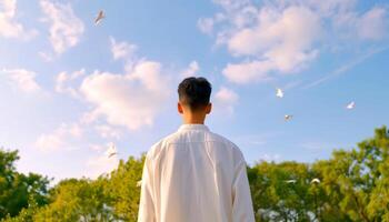 Serene Back View of Person in White Shirt Watching Birds in Blue Sky photo