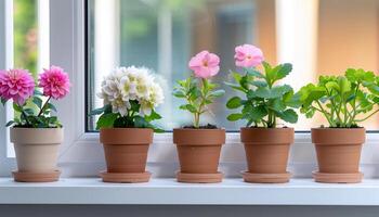 Vibrant Flowers and Lush Greenery in Terracotta Pots by Sunlit Window photo