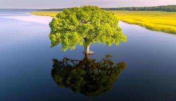 Solitary Tree Reflecting in a Tranquil Lake photo