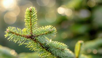 A Close-Up of a Pine Tree Branch with Sunlit Bokeh photo