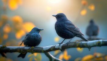 Three Blackbirds Perched on a Branch in a Soft Light photo