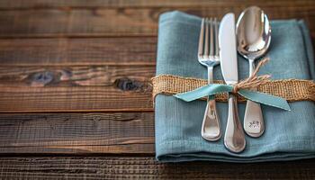 Elegant Table Setting with Blue Napkin and Silverware photo