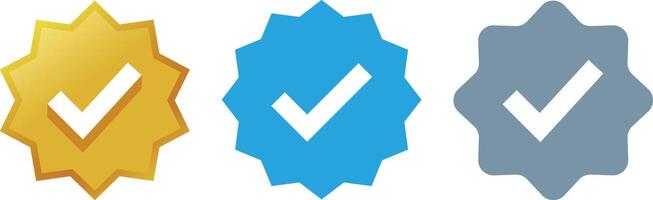 Verification star icon set isolated on white background. Verify badge collection in different shapes in gold gradient, blue and grey colour symbol. Modern, simple, for website design, mobile ui vector