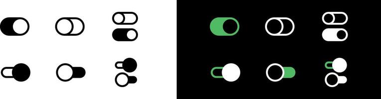 On Off switch button icon. Icons set of toggle buttons in black, white and green. UI illustration isolated on White and dark grey background. Editable eps template pack vector