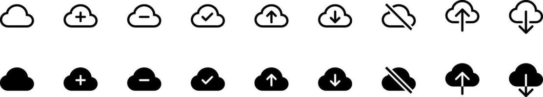 Set of line icons related to cloud computing, cloud services, server, cyber security, download, upload, plus, minus, dash, tick, offline, digital transformation. Outline clouds icon collection vector