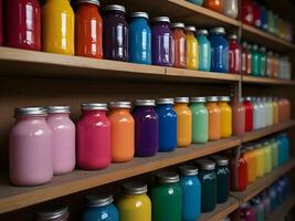 un fila de vistoso botellas son en un estante foto