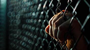 Hand gripping chain-link fence in dramatic lighting, symbolizing confinement or struggle photo