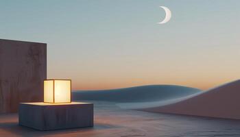 Tranquil Desert Night with Lantern and Crescent Moon in Serene Sky photo