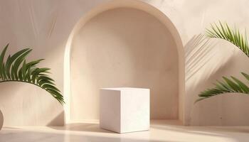 Minimalist Archway with Cube and Tropical Plants in Sunlit Room photo
