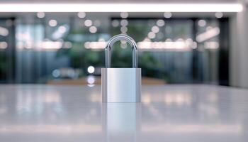 Sleek Metallic Padlock on Modern Table in Minimalistic Secure Environment photo