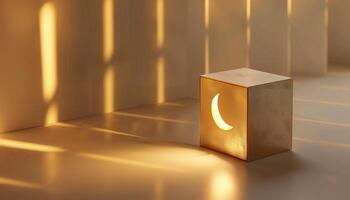 Golden Hour Glow A Serene Abstract Still Life with Illuminated Crescent Moon photo