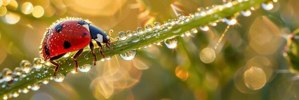 Dew-covered Ladybug on a Sunlit Blade of Grass in Macro Photography photo