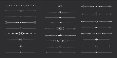 silSilver celestial divider thin line border decoration. Collection tribal with moon, stars and arrows mystical separators. Modern ornament minimal set isolated on dark background. vector