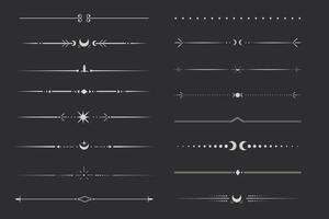 silSilver celestial divider thin line border decoration. Collection tribal with moon, stars and arrows mystical separators. Modern ornament minimal set isolated on dark background. vector