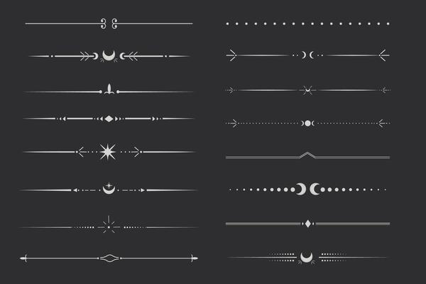 silSilver celestial divider thin line border decoration. Collection tribal with moon, stars and arrows mystical separators. Modern ornament minimal set isolated on dark background.