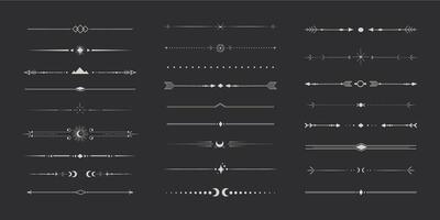 silSilver celestial divider thin line border decoration. Collection tribal with moon, stars and arrows mystical separators. Modern ornament minimal set isolated on dark background. vector