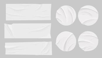 Glued circle paper wrinkled effect sticker, empty frame, badge mockup isolated. Set round tags textured patches. Crumpled poster, label. vector