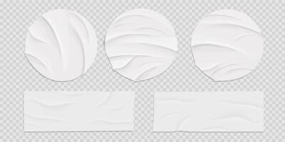 Glued circle paper wrinkled effect sticker, empty frame, badge mockup isolated. Set round tags textured patches. Crumpled poster, label. vector