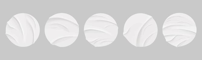 Glued circle paper wrinkled effect sticker, empty frame, badge mockup isolated. Set round tags textured patches. Crumpled poster, label. vector