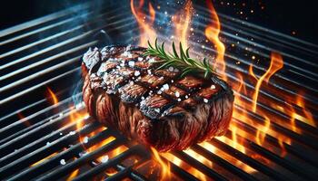 Sizzling Rosemary Infused Grilled Steak on Fire photo
