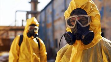 Workers in Yellow Hazmat Suits with Respirators in Industrial Area photo