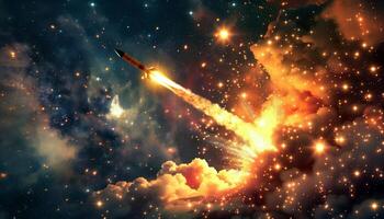 Rocket Launch in Colorful Cosmic Nebula with Bright Stars and Clouds photo