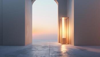 Modern Architectural Space with Minimalist Design and Ocean View at Sunset photo