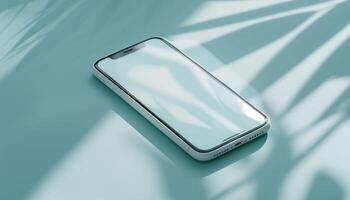 Modern Smartphone on Light Blue Surface with Leaf Shadows photo