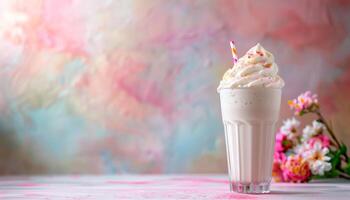 Whipped Cream Topped Milkshake with Pastel Background and Flowers photo