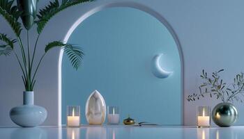 Serene Moonlit Still Life Candles, Plants, Crescent Moon Vase in Tranquil Blue Setting photo