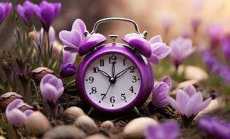 Classic alarm clock over spring flowers background. Daylight saving time reminder. Spring natural background with first flowers. Blooming crocus flowers. Spring time change background. photo