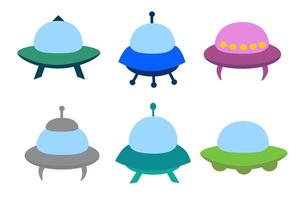Alien spaceship, spacecrafts and UFO set. Colorful cosmic ship in form saucer for transportation. Children clip art. cartoon flat illustration for space design. vector