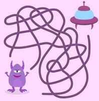 Help cute alien monster find path to UFO spaceship. Labyrinth. Maze game for kids. Messy line children logic game. Confusing path lines illustration. vector