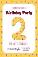 Child second year birthday party invitation template with cartoon number two. vector
