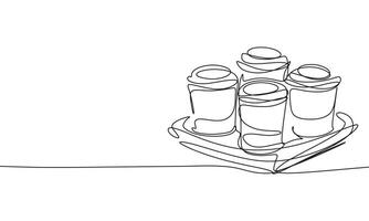 Four cups take away one line continuous. Cups take away line art. Hand drawn art. vector