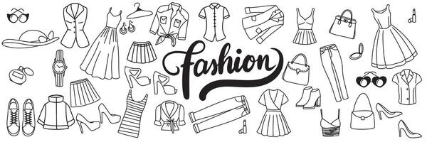 Collection of doodle fashion clothes icons set. Hand drawn art. vector
