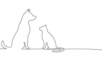 Dog and cat one line continuous. Line art Dog and Cat silhouette. Hand drawn art. vector