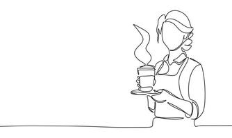 Barista one line continuous. Waitress with coffee line art. Hand drawn art. vector