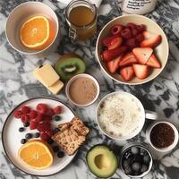 Flat lay of healthy breakfast items, arranged aesthetically, a visually appealing photo